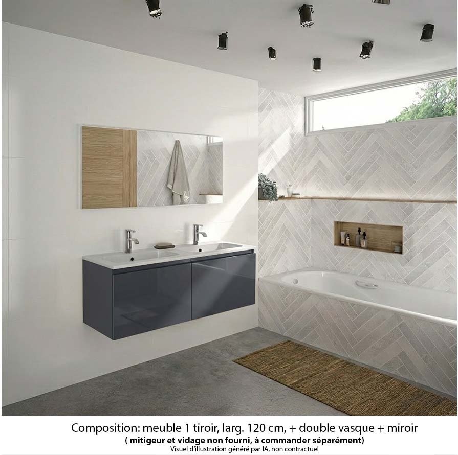 Ensemble meuble de salle de bain Oxford 120 cm basalte brillant, plan double vasque marbre reconstitué,  2 tiroirs , miroir haut. 60 cm