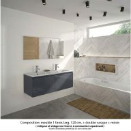 Ensemble meuble de salle de bain Oxford 120 cm basalte brillant, plan double vasque marbre reconstitué, 2 tiroirs , miroir haut. 60 cm