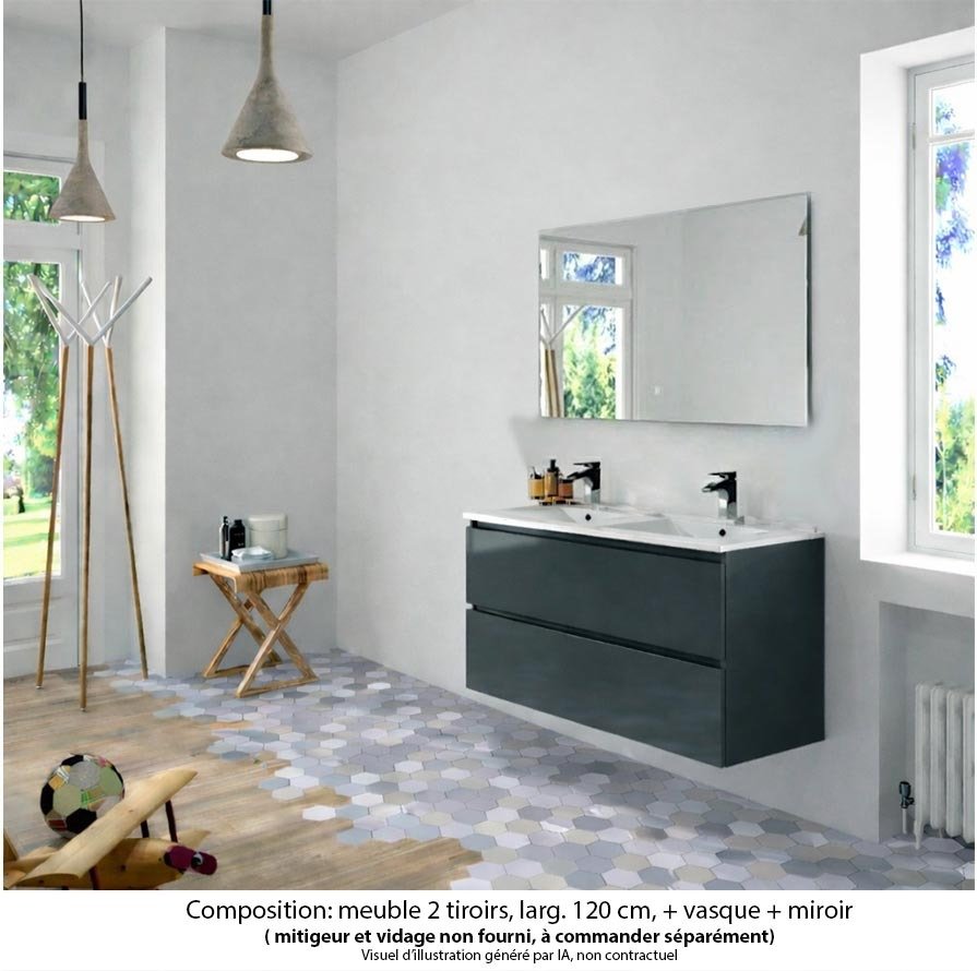 Ensemble meuble de salle de bain Oxford 120 cm basalte brillant, plan double vasque marbre reconstitué,  2 tiroirs , miroir haut. 60 cm