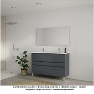 Ensemble meuble de salle de bain Oxford 120 cm basalte brillant, plan double vasque marbre reconstitué, 3 tiroirs , miroir haut. 60 cm