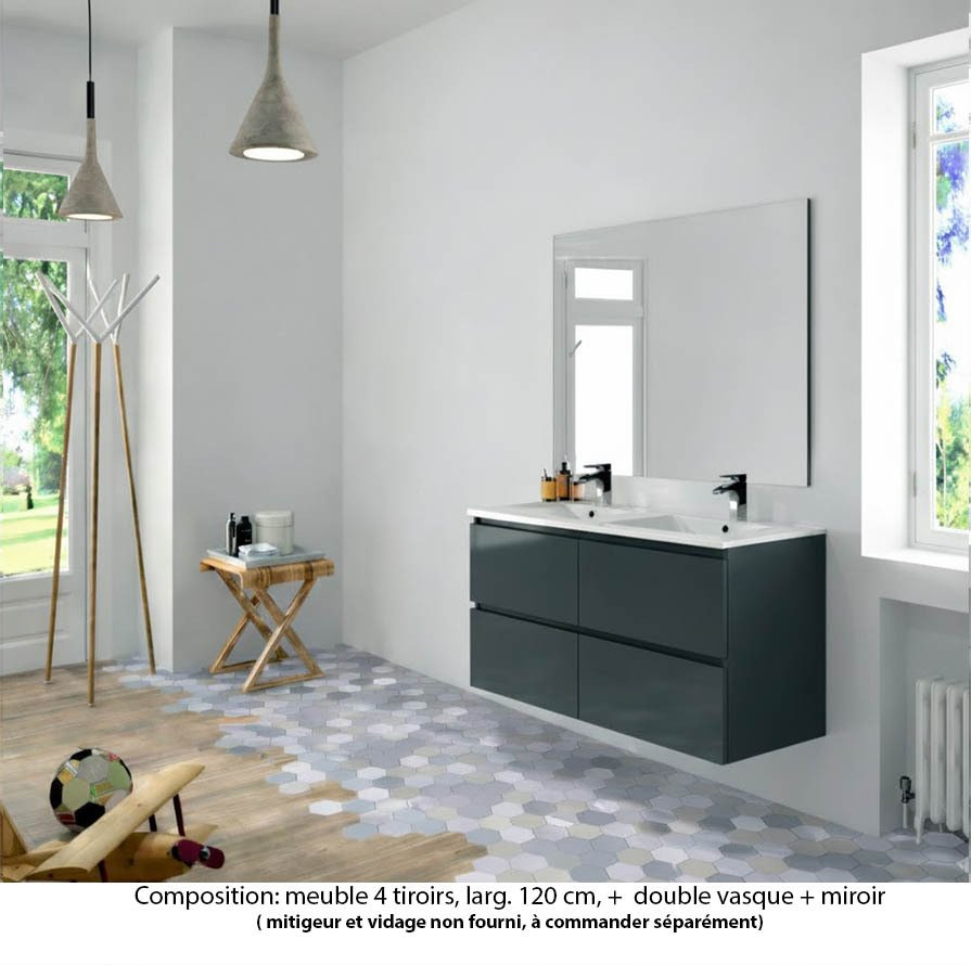 Ensemble meuble de salle de bain Oxford 120 cm basalte brillant, plan double double vasque céramique,  4 tiroirs , miroir haut. 60 cm