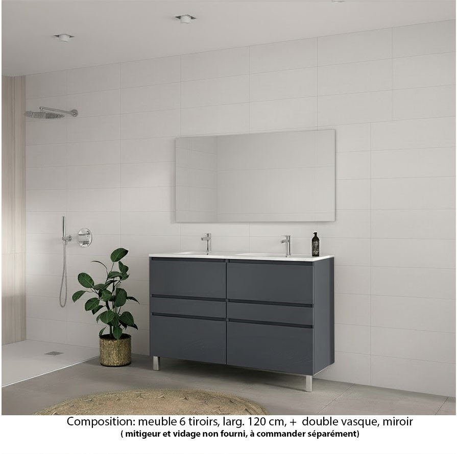 Ensemble meuble de salle de bain Oxford 120 cm basalte brillant, plan double vasque céramique,  6 tiroirs , miroir haut. 60 cm