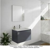 Ensemble meuble de salle de bain Oxford 80 cm basalte brillant, plan vasque marbre reconstitué, 1 tiroir , miroir haut. 60 cm