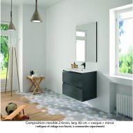Ensemble meuble de salle de bain Oxford 80 cm basalte brillant, plan vasque marbre reconstitué, 2 tiroirs , miroir haut. 60 cm