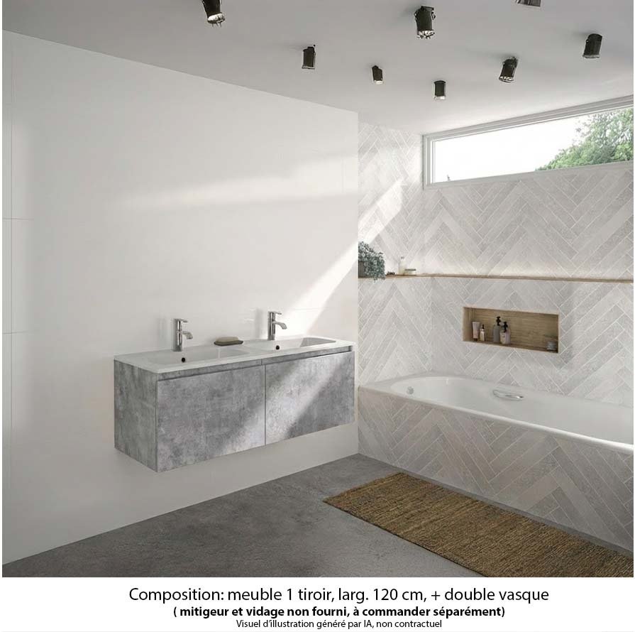 Ensemble meuble de salle de bain Oxford 120 cm béton Bellato, plan double vasque marbre reconstitué,  2 tiroirs
