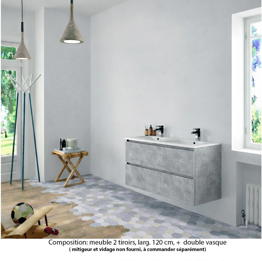 Ensemble meuble de salle de bain Oxford 120 cm béton Bellato, plan double vasque marbre reconstitué,  2 tiroirs