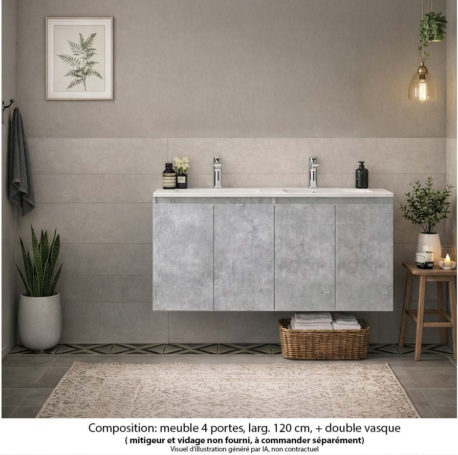 Ensemble meuble de salle de bain Oxford 120 cm béton Bellato, plan vasque marbre reconstitué,  4 portes