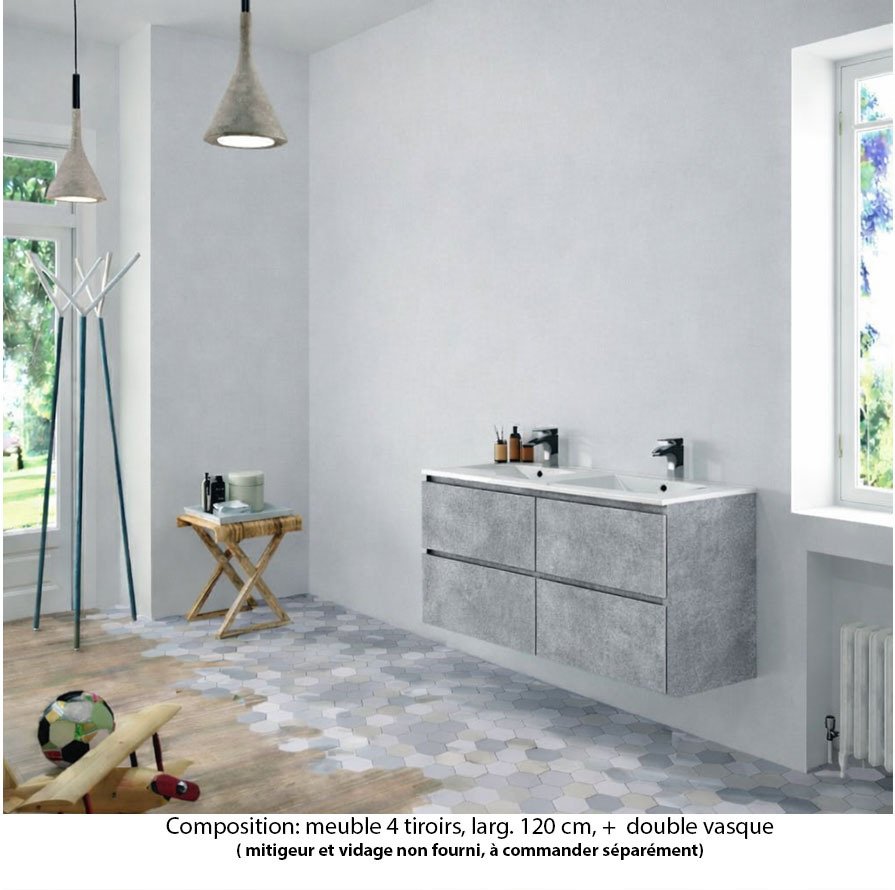 Ensemble meuble de salle de bain Oxford 120 cm béton Bellato, plan double double vasque marbre reconstitué,  4 tiroirs