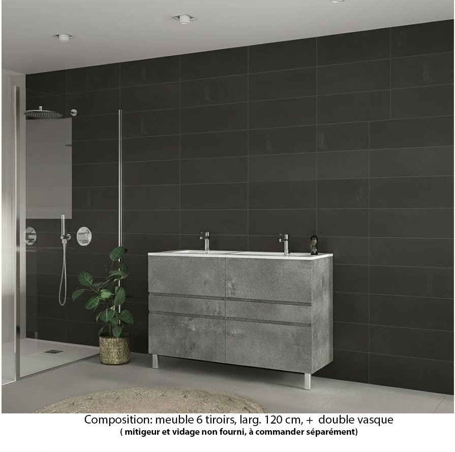 Ensemble meuble de salle de bain Oxford 120 cm béton Bellato, plan double vasque marbre reconstitué,  6 tiroirs