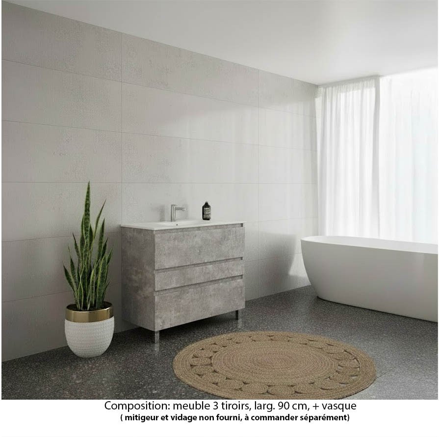 Ensemble meuble de salle de bain Oxford 80 cm béton Bellato, vasque marbre reconstitué,  3 tiroirs