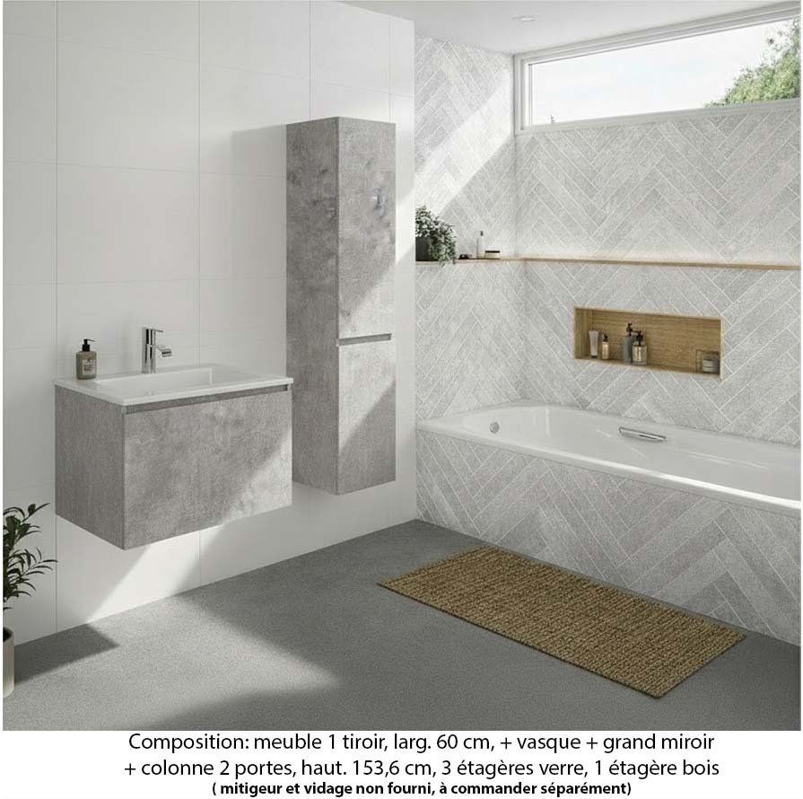 Ensemble meuble de salle de bain Oxford 80 cm béton Bellato, plan vasque marbre reconstitué,  1 tiroir +colonne P. 35 cm x H. 153 cm