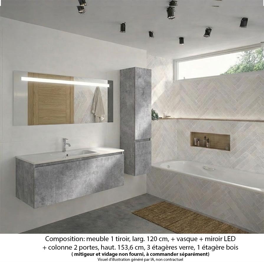 Ensemble meuble de salle de bain Oxford 120 cm béton Bellato, plan vasque marbre reconstitué,  1 tiroir +colonne P. 35 cm x H. 153 cm  , miroir LED