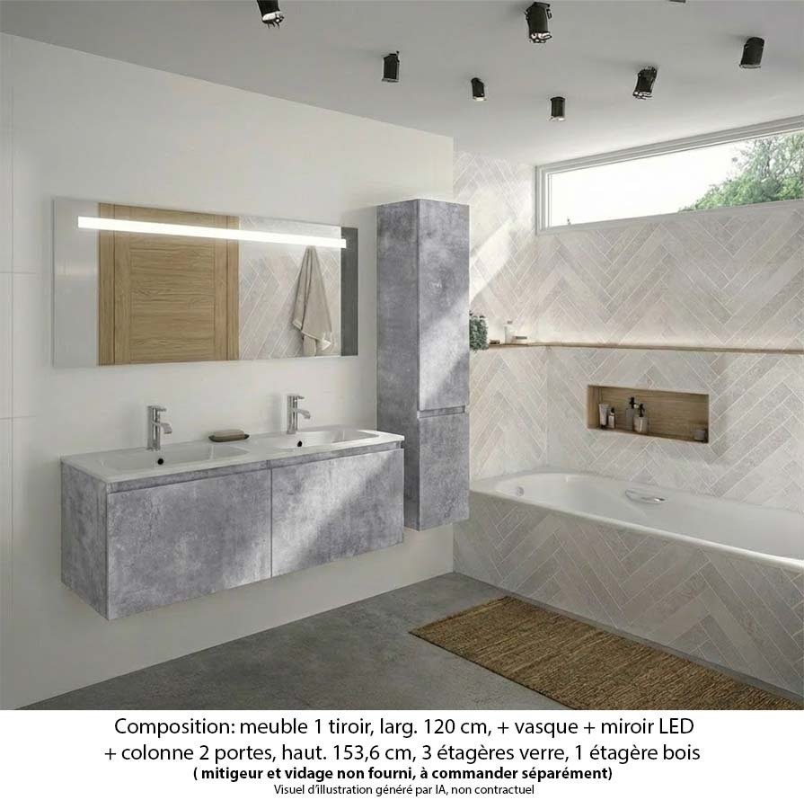 Ensemble meuble de salle de bain Oxford 120 cm béton Bellato, plan double vasque marbre reconstitué,  2 tiroirs +colonne P. 35 cm x H. 153 cm  , miroir LED