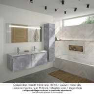 Ensemble meuble de salle de bain Oxford 120 cm béton Bellato, plan double vasque marbre reconstitué, 2 tiroirs + colonne P. 35 cm x H. 153 cm , miroir LED