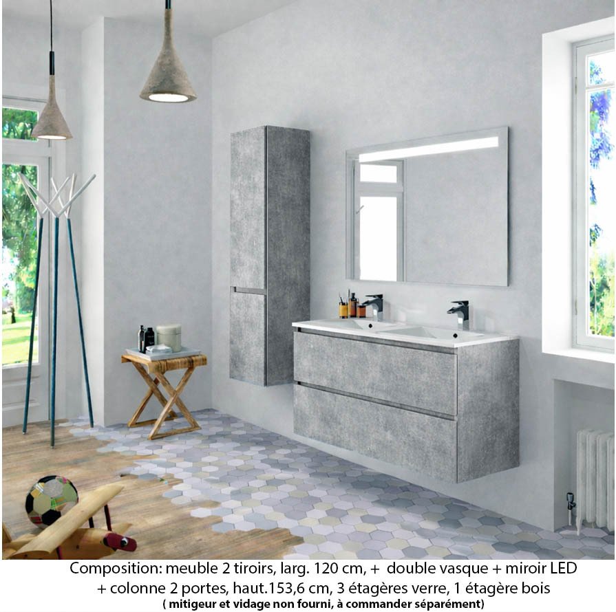 Ensemble meuble de salle de bain Oxford 120 cm béton Bellato, plan double vasque marbre reconstitué,  2 tiroirs + colonne P. 35 cm x H. 153 cm  , miroir LED
