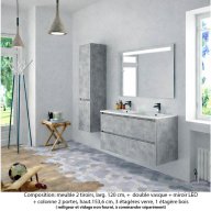 Ensemble meuble de salle de bain Oxford 120 cm béton Bellato, plan double vasque marbre reconstitué, 2 tiroirs + colonne P. 35 cm x H. 153 cm , miroir LED