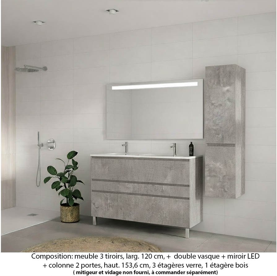 Ensemble meuble de salle de bain Oxford 120 cm béton Bellato, plan double vasque marbre reconstitué,  3 tiroirs + colonne P. 35 cm x H. 153 cm  , miroir LED