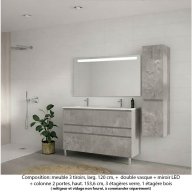 Ensemble meuble de salle de bain Oxford 120 cm béton Bellato, plan double vasque marbre reconstitué, 3 tiroirs + colonne P. 35 cm x H. 153 cm , miroir LED
