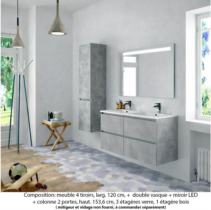 Ensemble meuble de salle de bain Oxford 120 cm béton Bellato, plan double double vasque marbre reconstitué,  4 tiroirs + colonne P. 35 cm x H. 153 cm  , miroir LED