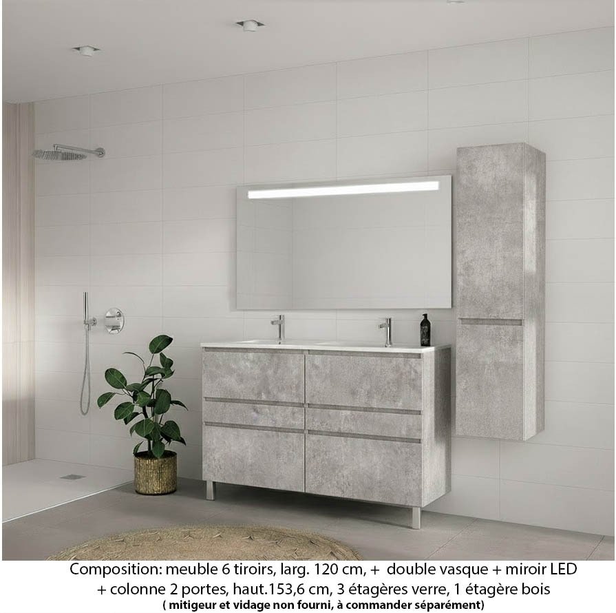 Ensemble meuble de salle de bain Oxford 120 cm béton Bellato, plan double vasque céramique,  6 tiroirs +colonne P. 35 cm x H. 153 cm  , miroir LED