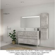 Ensemble meuble de salle de bain Oxford 120 cm béton Bellato, plan double vasque marbre reconstitué, 6 tiroirs +colonne P. 35 cm x H. 153 cm , miroir LED