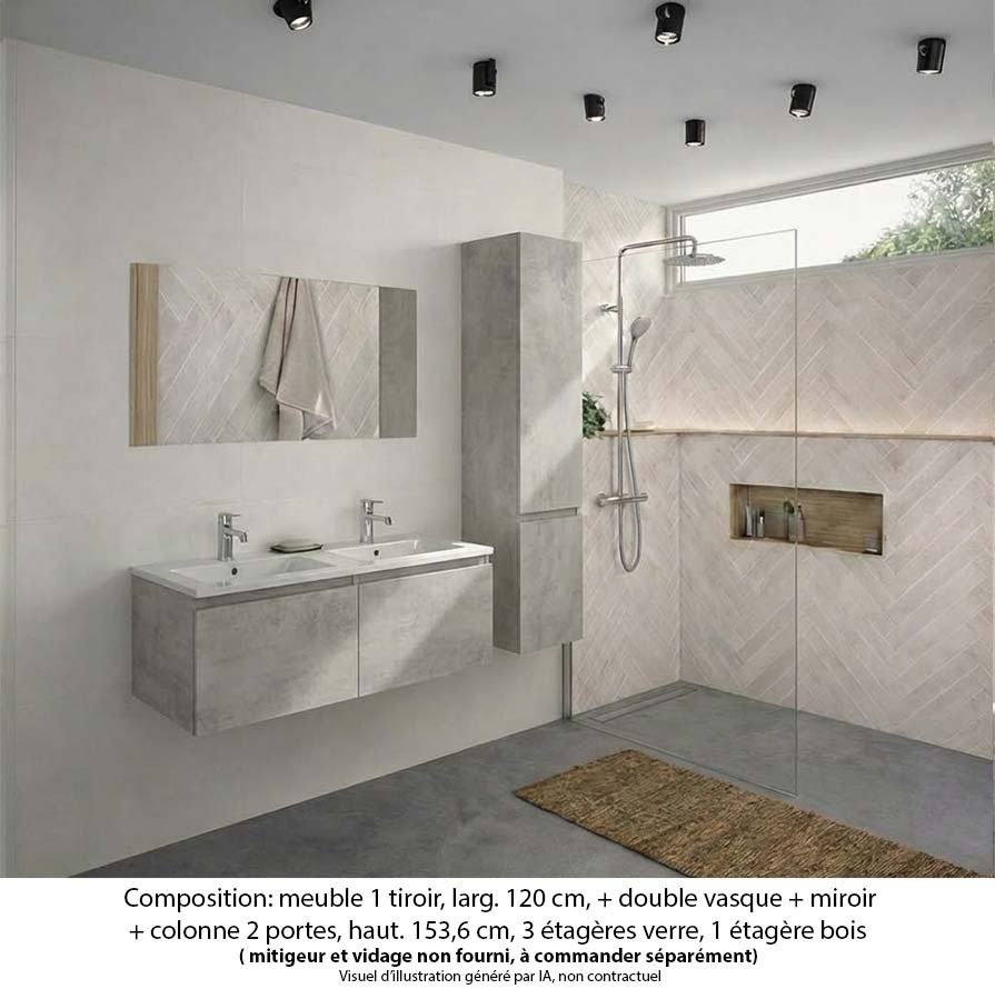 Ensemble meuble de salle de bain Oxford 120 cm béton bellato, plan double vasque marbre reconstitué, 2 tiroirs , miroir simple , colonne P. 35 cm x H. 153 cm