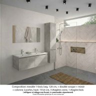 Ensemble meuble de salle de bain Oxford 120 cm béton bellato, plan double vasque marbre reconstitué, 2 tiroirs , miroir simple , colonne P. 35 cm x H. 153 cm
