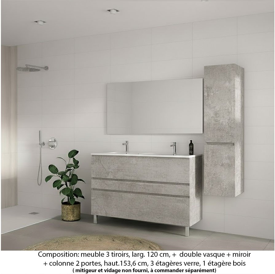 Ensemble meuble de salle de bain Oxford 120 cm béton bellato, plan double vasque marbre reconstitué, 3 tiroirs , miroir simple , colonne P. 35 cm x H. 153 cm