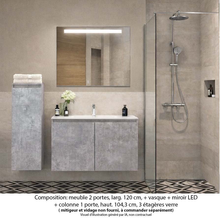 Ensemble meuble de salle de bain Oxford 80 cm béton Bellato, plan vasque marbre reconstitué,  2 portes +colonne P. 17 cm x H. 104 cm  , miroir LED