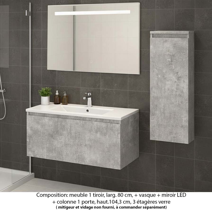 Ensemble meuble de salle de bain Oxford 80 cm béton Bellato, plan vasque marbre reconstitué,  1 tiroir +colonne P.17 cm x H. 104 cm  , miroir LED