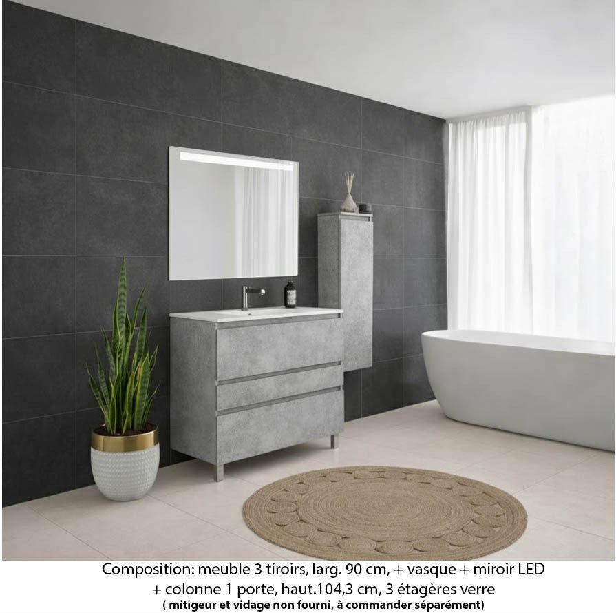 Ensemble meuble de salle de bain Oxford 80 cm béton Bellato, plan vasque marbre reconstitué,  3 tiroirs + colonne P.17 cm x H. 104 cm  , miroir LED