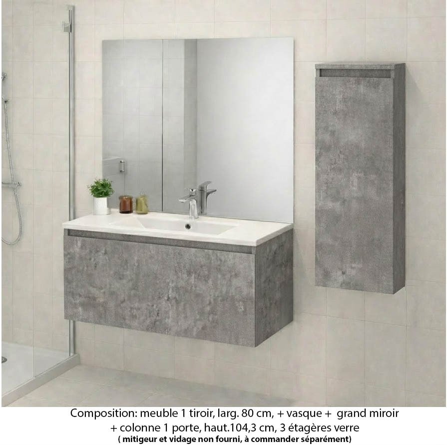 Ensemble meuble de salle de bain Oxford 80 cm béton bellato, plan vasque marbre reconstitué, 1 tiroir , miroir plan , colonne P.17 cm x H. 104 cm