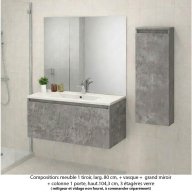 Ensemble meuble de salle de bain Oxford 80 cm béton bellato, plan vasque marbre reconstitué, 1 tiroir , miroir plan , colonne P.17 cm x H. 104 cm