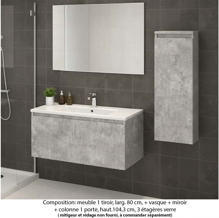 Ensemble meuble de salle de bain Oxford 80 cm béton bellato, plan vasque marbre reconstitué, 1 tiroir , miroir simple , colonne P.17 cm x H. 104 cm