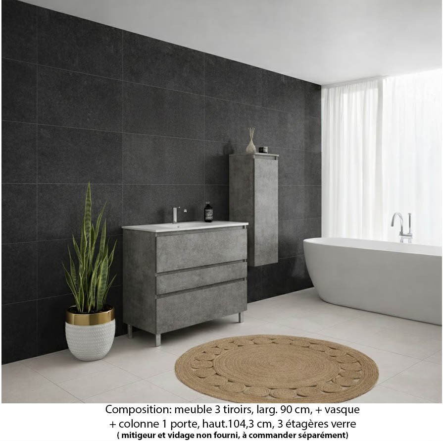 Ensemble meuble de salle de bain Oxford 90 cm béton Bellato, plan vasque marbre reconstitué,  3 tiroirs + colonne P. 35 cm x H. 104 cm