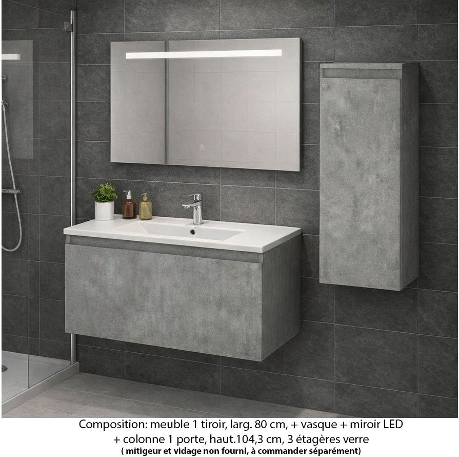 Ensemble meuble de salle de bain Oxford 80 cm béton Bellato, plan vasque marbre reconstitué,  1 tiroir + colonne P. 35 cm x H. 104 cm , miroir LED