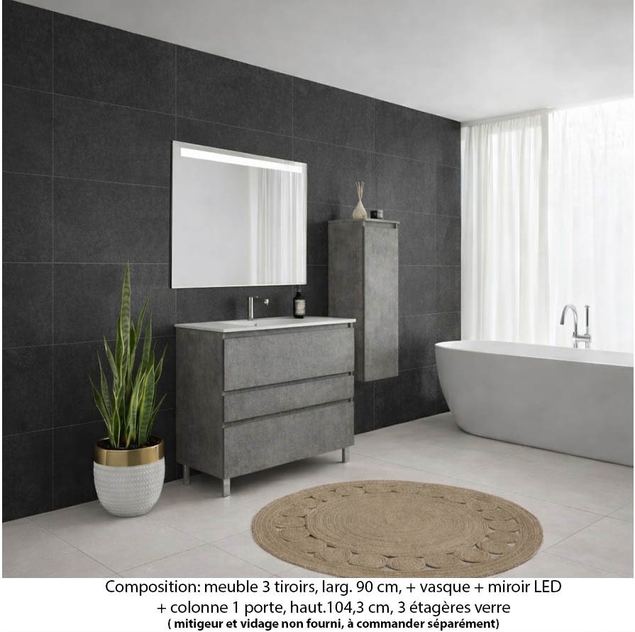 Ensemble meuble de salle de bain Oxford 90 cm béton Bellato, plan vasque marbre reconstitué,  3 tiroirs + colonne P. 35 cm x H. 104 cm , miroir LED