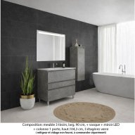 Ensemble meuble de salle de bain Oxford 90 cm béton Bellato, plan vasque marbre reconstitué, 3 tiroirs + colonne P. 35 cm x H. 104 cm , miroir LED