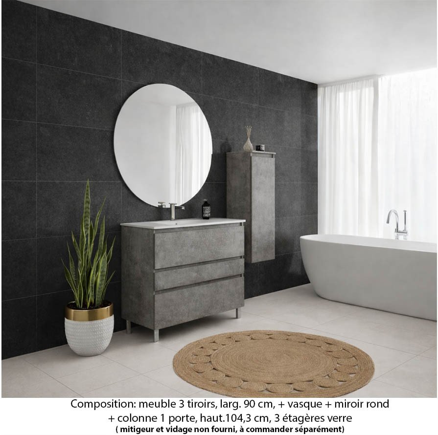 Ensemble meuble de salle de bain Oxford 90 cm béton bellato, plan vasque marbre reconstitué, 3 tiroirs , miroir rond , colonne P. 35 cm x H. 104 cm