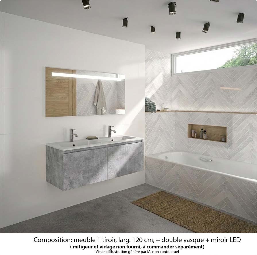 Ensemble meuble de salle de bain Oxford 120 cm béton Bellato, plan double vasque marbre reconstitué,  2 tiroirs , miroir LED