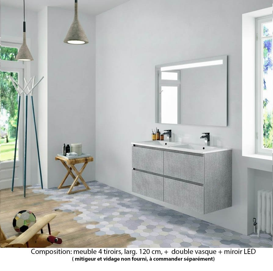 Ensemble meuble de salle de bain Oxford 120 cm béton Bellato, plan double double vasque marbre reconstitué,  4 tiroirs , miroir LED