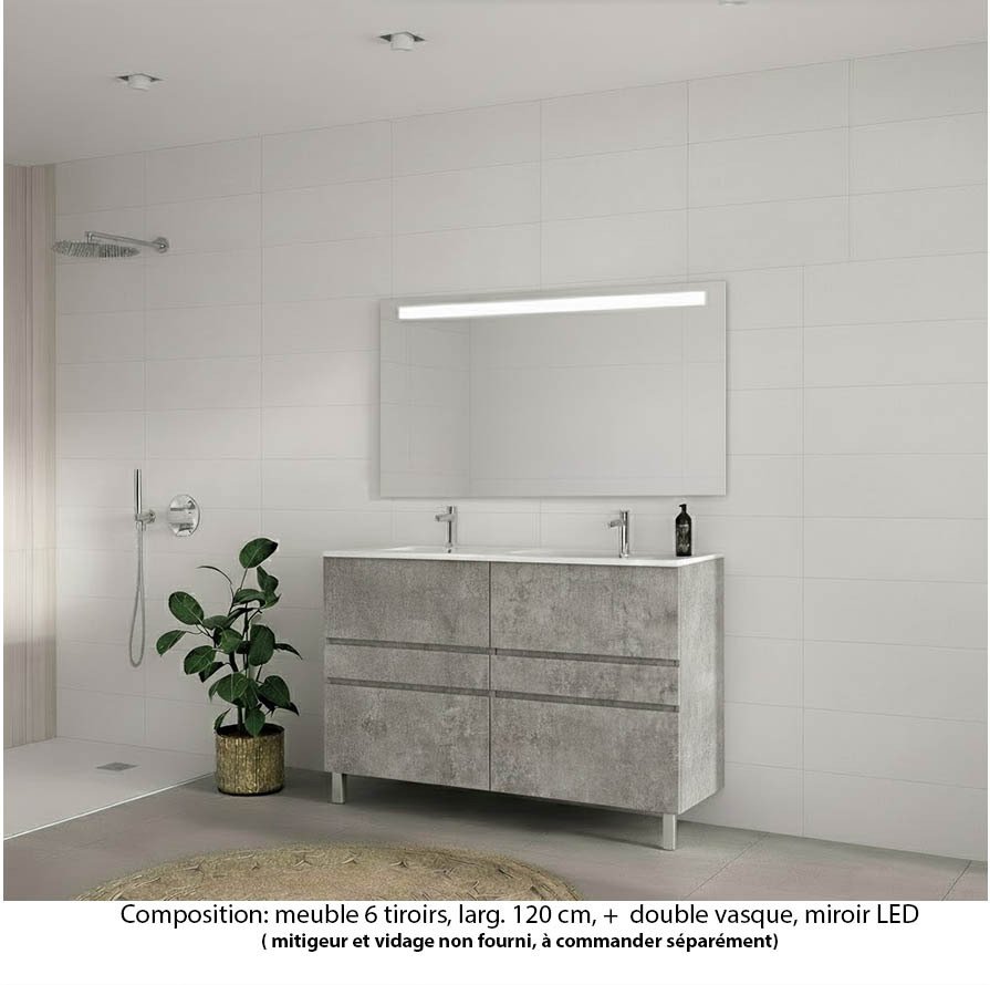 Ensemble meuble de salle de bain Oxford 120 cm béton Bellato, plan double vasque céramique,  6 tiroirs , miroir LED