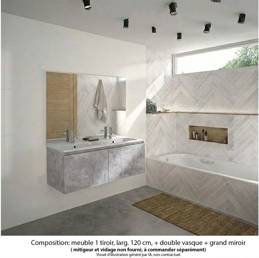 Ensemble meuble de salle de bain Oxford 120 cm béton Bellato, plan double vasque marbre reconstitué,  2 tiroirs , miroir haut. 110 cm