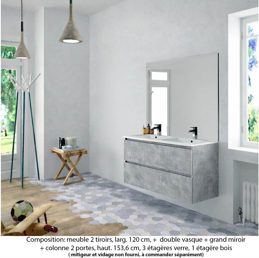 Ensemble meuble de salle de bain Oxford 120 cm béton Bellato, plan double vasque marbre reconstitué,  2 tiroirs , miroir haut. 110 cm