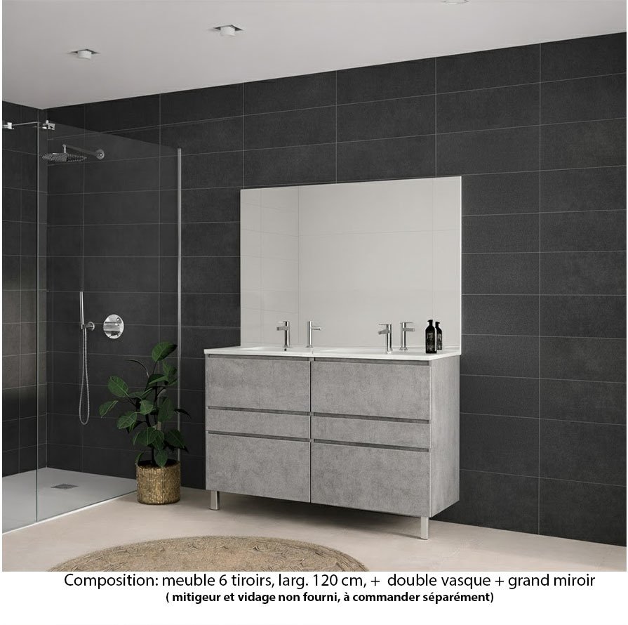 Ensemble meuble de salle de bain Oxford 120 cm béton Bellato, plan double vasque céramique,  6 tiroirs , miroir haut. 110 cm