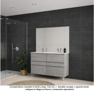 Ensemble meuble de salle de bain Oxford 120 cm béton Bellato, plan double vasque marbre reconstitué, 6 tiroirs , miroir haut. 110 cm