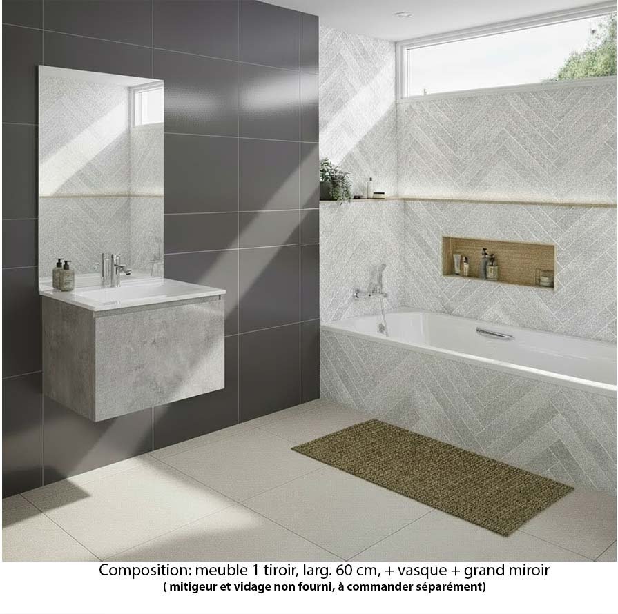 Ensemble meuble de salle de bain Oxford 80 cm béton Bellato, plan vasque marbre reconstitué,  1 tiroir , miroir haut. 110 cm