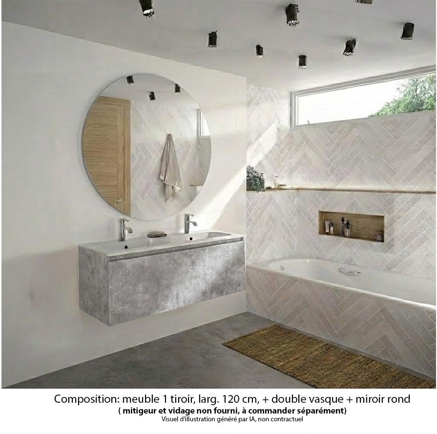 Ensemble meuble de salle de bain Oxford 120 cm béton Bellato, plan double vasque marbre reconstitué,  1 tiroir , miroir rond