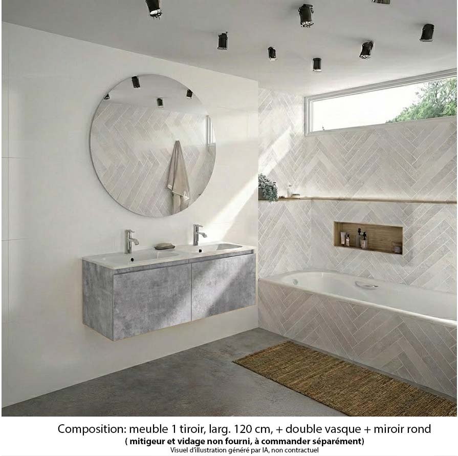 Ensemble meuble de salle de bain Oxford 120 cm béton Bellato, plan double vasque marbre reconstitué,  2 tiroirs , miroir rond