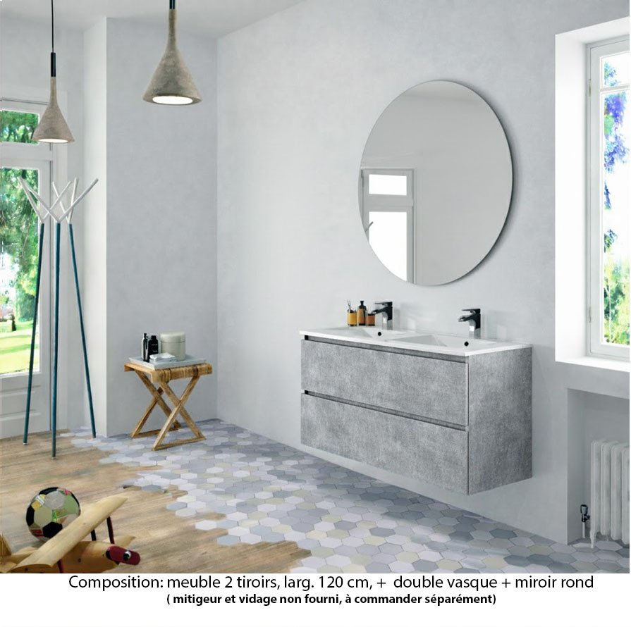 Ensemble meuble de salle de bain Oxford 120 cm béton Bellato, plan double vasque marbre reconstitué,  2 tiroirs , miroir rond